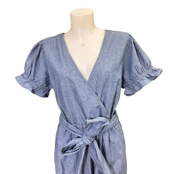 J. Crew Ruffle Chambray Puff Sleeve Jumpsuit Wide Leg 100% Cotton Size 12 - Picture 2 of 10